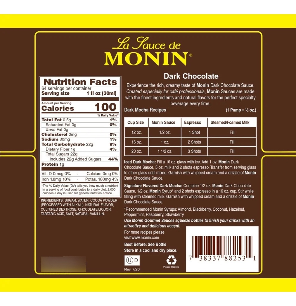 Salsa Chocolate Dark Monin 1.89 Lt Postres, Café, Aperitivos
