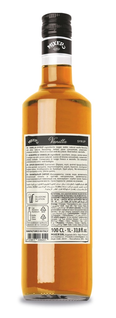 Syrup/jarabe MIXER Italiano Vainilla 1lt Vidrio Gourmet